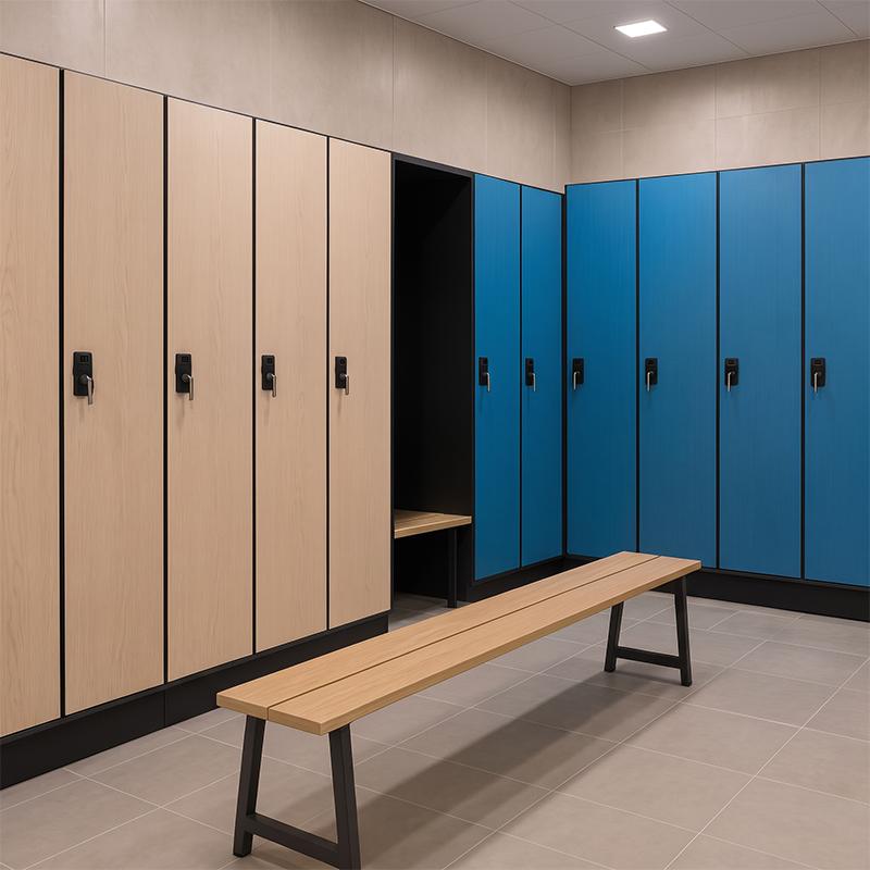 Casier vestiaire Compacto bleu et finition bois avec banc